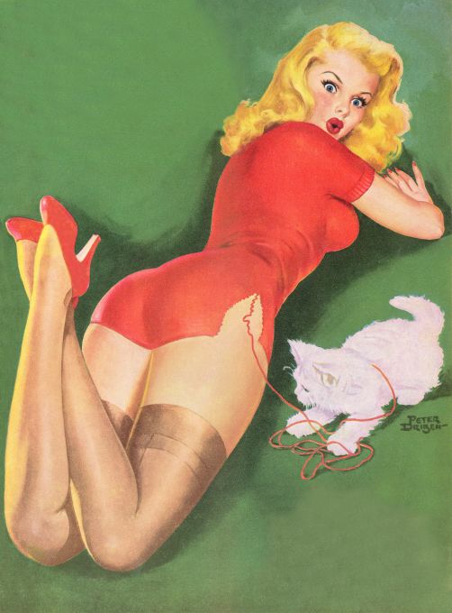 Pin Up - Blonde Girl in Red With Kitten - Driben - 1952