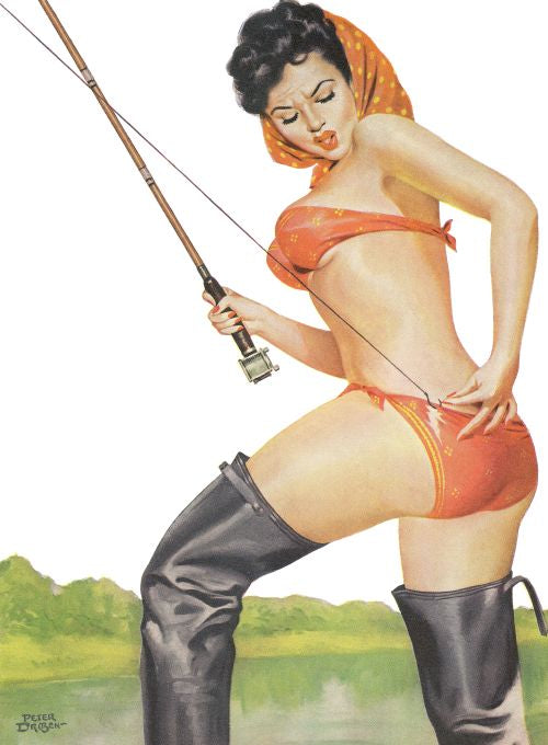 Pin Up - Brunette Girl Fishing in Red Bikini - Driben - 1952