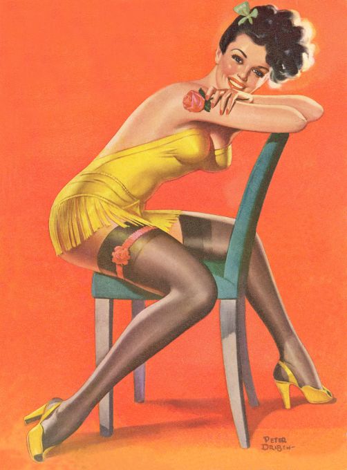 Pin Up - Brunette Showgirl in Yellow with Flower - Driben - 1954