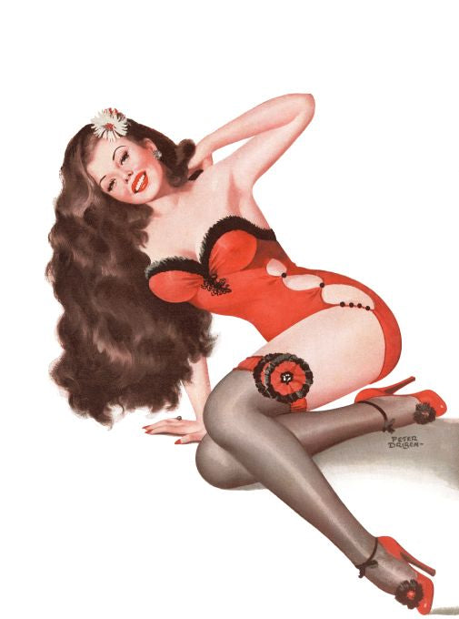 Pin Up - Brunette Showgirl in Red - Driben - 1948