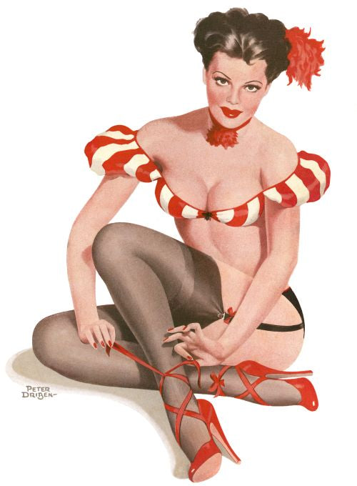 Pin Up - Brunette Girl in Red White Stripes - Driben - 1948
