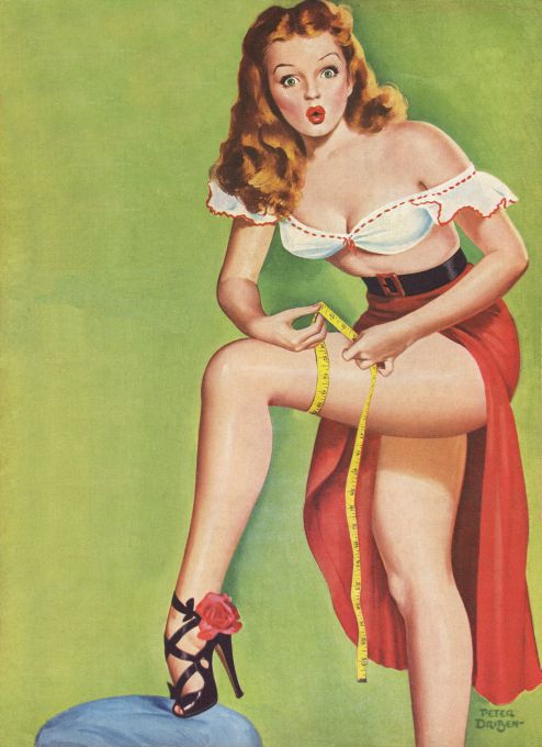 Pin Up - Redhead Girl in Skirt Measuring Leg - Driben - 1949
