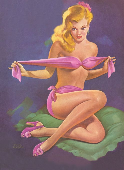 Pin Up - Blonde Girl Taking Off Pink Bikini - Driben - 1953