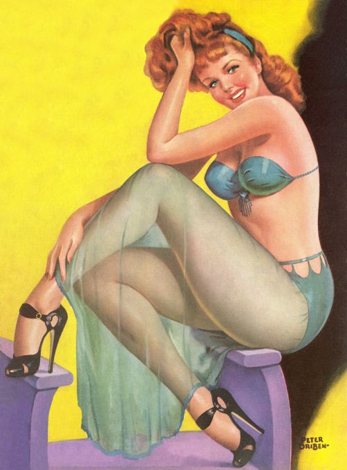 Pin Up - Redhead Girl in Blue Lingerie Skirt - Driben - 1955