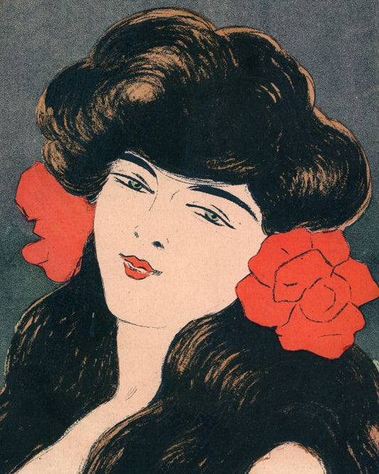 Brunette With Two Red Roses In Hair