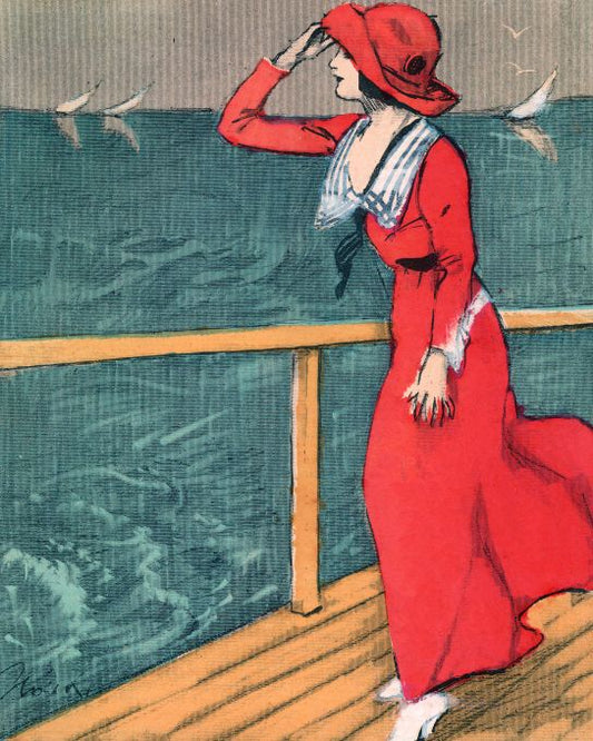 Girl In Red Looking At Ocean