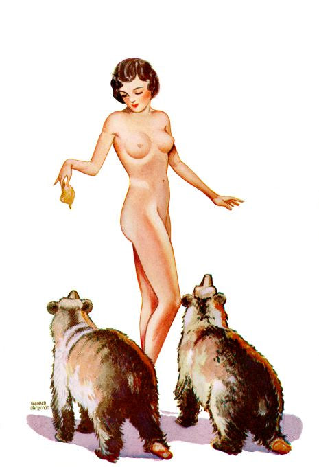 Pin Up - Nude Brunette Girl Feeding Bears - Greenwood - 1935