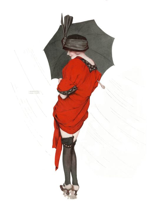 Pin Up - Girl in Red w/ Umbrella in The Rain - Kirchner - 1913