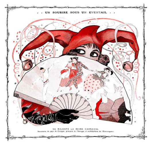 Pin Up - Jester Girl w/ Fan of Carnaval Scenes - Leonnec - 1913