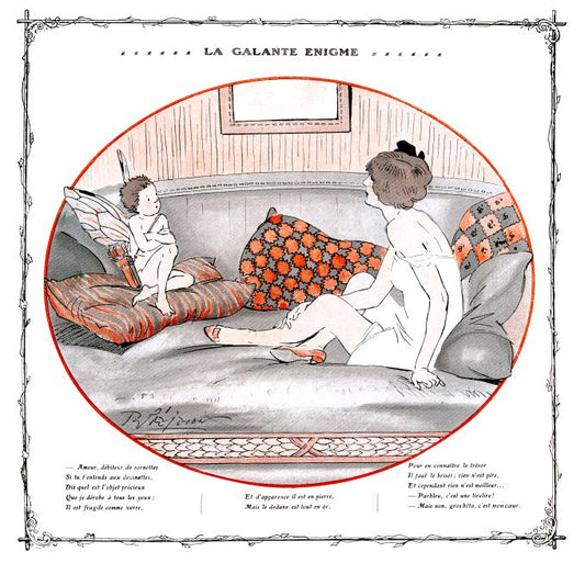Pin Up - Brunette Girl & Cupid Talk On Bed - Prejelan - 1912