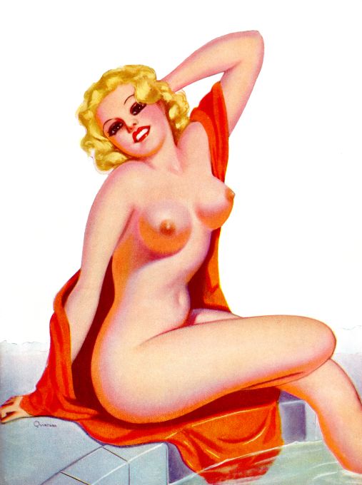 Pin Up - Nude Blonde Girl With Robe By Pool - Quintana - 1935