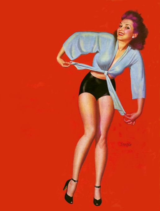 Pin Up - Redhead Girl Tying Blue Shirt - Steffa - 1943