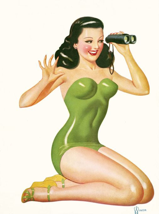 Pin Up - Brunette in Swimsuit Girl with Binoculars - Winer - 1943