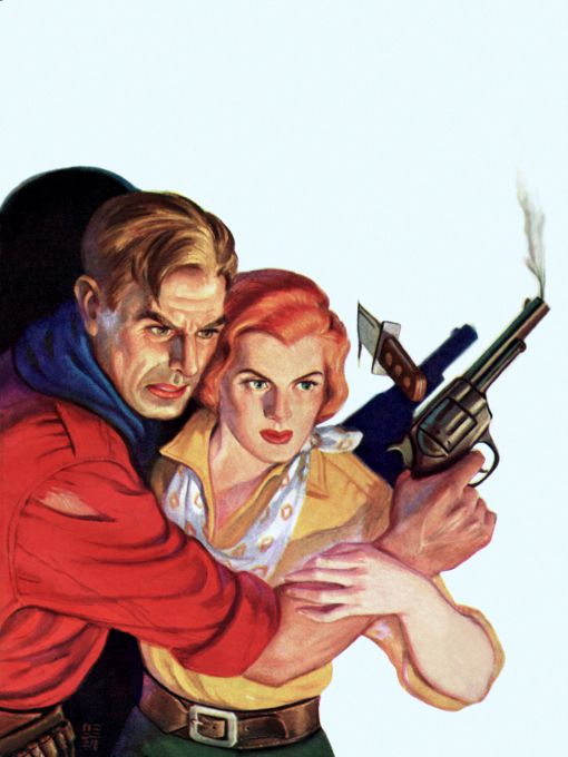 Red shirt cowboy with revolver holding on to redhead woman