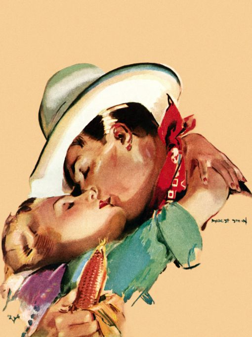 Cowboy and blonde woman kissing