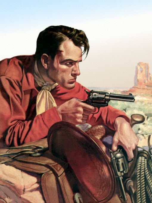 Cowboy with head wound in the middle of a battle