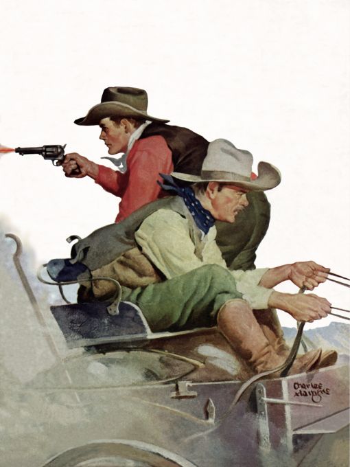 Two cowboys making escape on a wagon