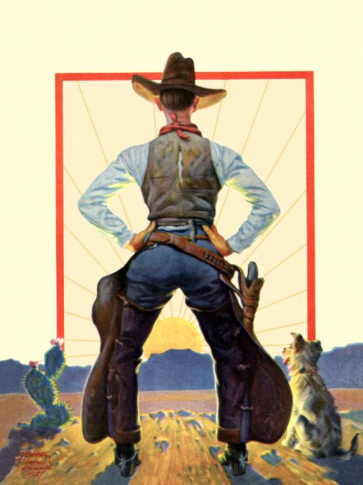 Cowboy posing in front of sunrise with dog