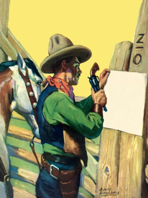 Cowboy hanging a sign on fence post using revolver for hammer