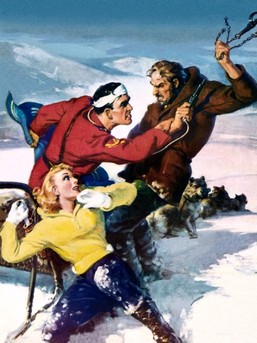 Two men fighing in winter gear while woman looks in awe