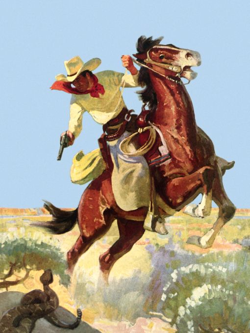 Cowboy on his horse shooting at snake