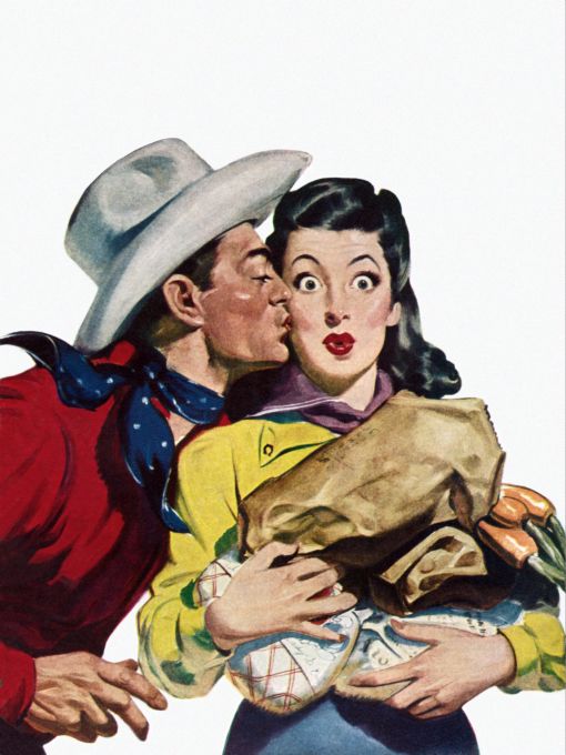 Beautiful women surprised while cowboy sneaks a kiss