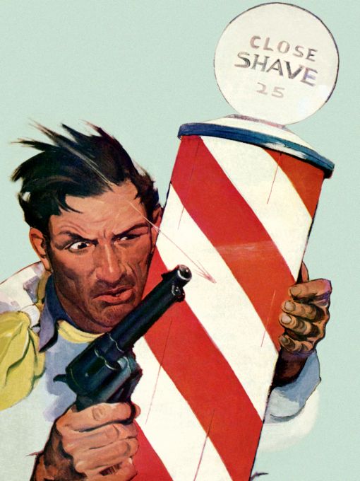 Cowboy using barber's pole as cover from gun fire