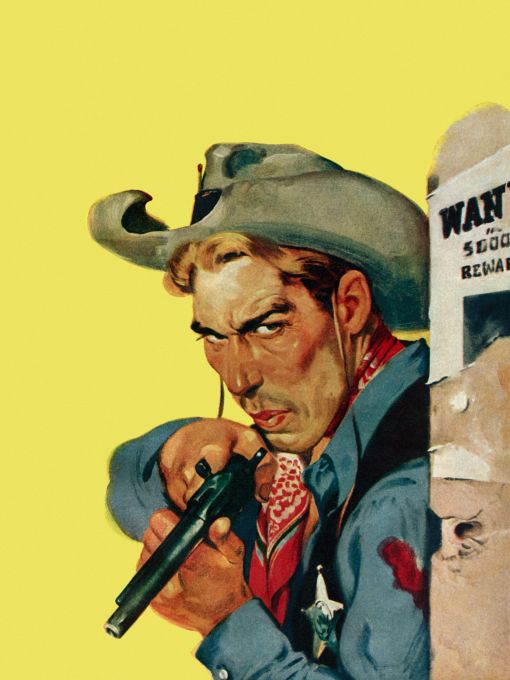 Sheriff posing with rifle near wanted poster